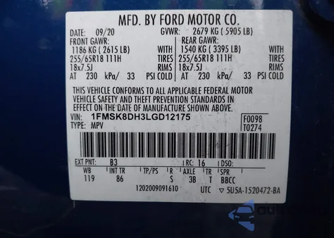 2020 Ford Explorer Xlt z USA, uszkodzony, nr VIN 1FMSK8DH3LGD12175